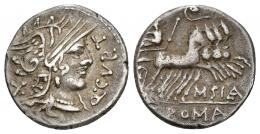 REPÚBLICA ROMANA. CURTIA. Quintus Curtius. Denario. Norte de Italia (116-115 a.C.). A/ Q.CVRT. R/ Júpiter en cuadriga a der., encima lituus; M. SILA, en exergo ROMA. AR 3,82 g. 18,9 mm. CRAW-285.2. FFC-669. MBC/MBC-.