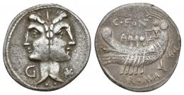 REPÚBLICA ROMANA. FONTEIA. C. Fonteius. Denario. Roma (114-113 a.C.). A/ Cabeza janiforme, a izq. G. R/ Galera a izq. con timonel y tres remeros; encima C FONT, debajo ROMA. AR 3,75 g. 19,64 mm. CRAW-290.1. FFC-713. MBC-.