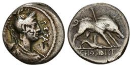 REPÚBLICA ROMANA. HOSIDIA. C. hosidius C. f. Geta. Denario. Roma (68 a.C.). A/ Busto de Diana con arco y carcaj, delante GETA, detrás (III VIR). R/ Jabalí a der. alanceado y atacado por perro, en exergo C HOSIDI CF. AR 3,54 g. 17,50 mm. CRAW-407.2. FFC-748. Contramarcas. BC+.