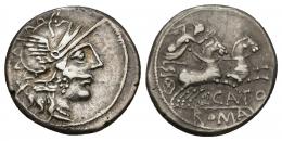 REPÚBLICA ROMANA. PORCIA. C. Porcius Cato. Denario. Roma (123 a.C.). A/ Cabeza de Roma a der. R/ Victoria en biga a der., debajo CATO, en exergo ROMA. AR 3,93 g. 19,31 mm. CRAW-274.1. FFC-1050. Rebaba en anv. MBC.