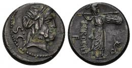 REPÚBLICA ROMANA. PROCILIA. L. Procilius f. Denario. Roma (80 a.C.). A/ Cabeza laureada de Júpiter a der., detrás S C. R/ Juno Sóspita con lanza y escudo a der., delante serpiente, detrás L PROCILI/F. AR 3,50 g. 17,80 mm. CRAW-379.1. FFC-1083. Leves concreciones. Pátina oscura. MBC+.