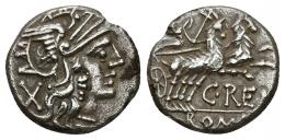 REPÚBLICA ROMANA. RENIA. C. Renius. Denario. Roma (138 a.C.). A/ Cabeza de Roma a der. R/ Juno Caprotina en biga de cabras a der., debajo C REN(I), exergo ROM(A). AR 2,55 g. 15,00 mm. CRAW-231.1. FFC-1088. Faln pequeño. Concreción en anv. MBC.