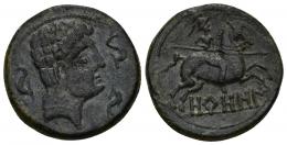 HISPANIA ANTIGUA. OROSIS. Unidad. A/ Cabeza masculina con cuello vestido a der., alrededor tres delfines. R/ Jinete lancero a der., debajo sobre línea OROSI. AE 9,05 g. 24,9 mm. I-1908. ACIP-1510. Pátina verde. MBC+.