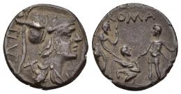 REPÚBLICA ROMANA. VETURIA. Ti. Veturius. Denario. Roma (137 a.C.). A/ Busto de Marte a der., detrás TI VET. R/ Escena de juramento, encima ROMA. AR 2,83 g. 17,44 mm. CRAW-234.1. FFC-1186. MBC-/MBC.