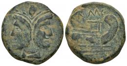 PERIODO DE JULIO CÉSAR A AUGUSTO. POMPEYO. As. Hispania (46-45 a.C.). A/ Cabeza de Jano. R/ Proa a der., encima (C)N M(AG), debajo (IMP). AE 24,25 g. 31,7 mm. CRAW-471.1. Pátina verde terrosa. MBC-.
