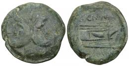 PERIODO DE JULIO CÉSAR A AUGUSTO. POMPEYO. As. Hispania (46-45 a.C.). A/ Cabeza de Jano. R/ Proa a der., encima CN M(AG), debajo IMP. AE 29,20 g. 35,6 mm. CRAW-471.1. Pátina verde. BC+/MBC-.