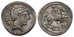 HISPANIA ANTIGUA. BOLSKAN. Denario. A/ Cabeza masculina con collar a der., detrás BoN. R/ Ley. BoLSKaN sobre línea. AR 2,61 g. 19,3 mm. I-1911. ACIP-1417. MBC+.