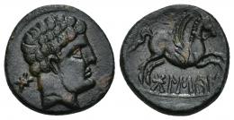 HISPANIA ANTIGUA. BOLSKAN. Mitad. A/ Cabeza masculina a der., detrás signo ibérico Bo. R/ Pegaso a der., debajo sobre línea ley. ibérica BoLSKaN. AE 4,24 g. 17,1 mm. I-1921. ACIP-1416. Pátina oscura con tonos rojos. MBC+. Rara.
