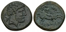 HISPANIA ANTIGUA. BOLSKAN. Unidad. A/ Cabeza masculina con collar a der., detrás delfín. R/ Jinete lancero a der., detrás estrella, debajo sobre línea BoLSKaN. AE 10,37 g. 23,6 mm. I-1918. ACIP-1419. Bonita pátina verde. EBC-.