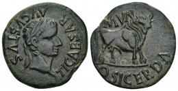 HISPANIA ANTIGUA. OSICERDA. Tiberio. As. A/ Cabeza laureada a der.; TI CAESAR AVGVSTVS. R/ Toro a der.; MVN OSICERDA. AE 8,68 g. 29,7 mm. I-1958. APRH-468. ACIP-3234. Pátina verde oscuro. MBC+/EBC-.