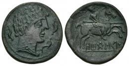 HISPANIA ANTIGUA. OTOBESKEN. Unidad. A/ Cabeza masculina con cuello vestido y fíbula a der., alrededor tres delfines. R/ Jinete lancero a der., debajo sobre línea OToBeSKeN. AE 8,67 g. 25,7 mm. I-1979. ACIP-1514. Pátina verde. MBC+. Rara.