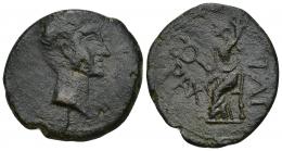 HISPANIA ANTIGUA. PAX IULIA. ¿Augusto? As. A/ Cabeza a der. R/ Figura femenina sentada a izq. con caduceo y cornucopia; PAX-IVL. AE 18,35 g. 30,85 mm. I-1997. APRH-52a. ACIP-2641. Go 02-03, este ejemplar ilustrado. Pátina oscura. MBC-/MBC. Muy rara. Ex subasta Jesús Vico 134 (2013), lote 104. 