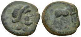 HISPANIA ANTIGUA. SACILI. Semis. A/ Cabeza masculina barbada y diademada a der., detrás S(ACILI). R/ Caballo al paso a der., ley. no visible. AE 10,75 g. 24,3 mm. I-2020 vte. ACIP-955? Pátina verde. MBC-.