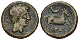 HISPANIA ANTIGUA. SAITI. Mitad. A/ Cabeza masculina diademada a der., detrás signo ibérico Ke. R/ Caballo con rienda suelta a der., encima creciente, debajo SAITi. AE 6,57 g. 20,61 mm. I-2102. ACIP-2032. Ripollès, Saitabi:11-3.1j, esta pieza ilustrada. MBC-. Muy escasa. Ex HSA-11455, ex Vico, 131, lote 371; ex Vico, 12-6-2014, lote 70.
