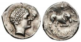 HISPANIA ANTIGUA. ARSE-SAGUNTUM. Dracma. A/ Cabeza masculina diademada, por detrás clava, delante delfín. R/ Toro embistiendo a der., encima ARSKiTaR. AE 2,88 g. 17,57 mm. I-2034. ACIP-1967. EBC-. Compra privada Pliego (1998).