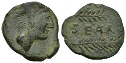 HISPANIA ANTIGUA. SEARO. As. A/ Cabeza con leonté a der.R/ Dos espigas a der., en medio SEARO. AE 3,7 g. 25,9 mm. I-2112. ACIP-2423. Pátina verde. MBC. Muy escasa. Compra privada en Numismática Pliego (1992).