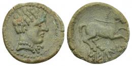 HISPANIA ANTIGUA. SEKAISA. A/ Cabeza masculina a der., delante signo S. R/ Caballo suelto, debajo SEKaISA. AE 3,25 g. 18,91 mm. I-2142. ACIP-1550. Pátina verde claro. MBC+. Rara. 