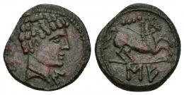 HISPANIA ANTIGUA. SEKAISA. Cuadrante. A/ Cabeza masculina a der., delante signo S. R/ Caballo suelto a der., encima cuatro glóbulos, bajo línea SE. AE 4,35 g. 17,6 mm. I-2149 vte. ACIP-1555. Pátina rojiza. MBC+. Muy rara.