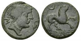 HISPANIA ANTIGUA. SEKOBIRIKES. Semis. A/ Cabeza de Roma a der., delante delfín, detrás signo S. R/ León a der., encima creciente, en exergo SEKoBiRIKeS. AE 5,03 g. 18,93 mm. I-1877. ACIP-2180. Pátina verde. MBC. Muy escasa. Ex Áureo, 28-9-1993, lote 282.
