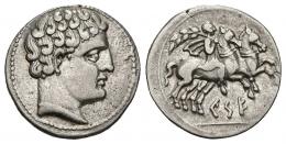 HISPANIA ANTIGUA. KESE. Denario. A/ Cabeza masculina con collar a der. R/ Jinete con palma y dos caballos, debajo KeSE sobre línea. AR 4,21 g. 18,8 mm. I-2266. ACIP-1122. MBC+/MBC.