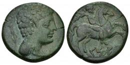 HISPANIA ANTIGUA. KESE. As. A/ Cabeza masculina con cuello vestido y fíbula a der., detrás punta de lanza. R/ Jinete con palma a der., debajo sobre línea KeSE. AE 13,08 g. 26,3 mm. I-2284. ACIP-1146. Pequeña grieta. Bonita pátina verde. MBC.