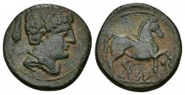 HISPANIA ANTIGUA. KESE. Semis. A/ Cabeza masculina con cuello vestido y fíbula a der., detrás palma recta. R/ Caballo avanzando a der. con rienda suelta, glóbulo entre las patas delanteras, debajo sobre línea KeSE. AE 4,99 g. 20,2 mm. I-2305. ACIP-1152. Pátina verde. MBC+/MBC. Escasa.