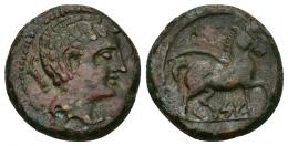 HISPANIA ANTIGUA. KESE. Semis. A/ Cabeza masculina con cuello vestido a der., detrás timón. R/ Caballo avanzando a der. con rienda suelta, debajo sobre línea KeSE. AE 6,55 g. 18,7 mm. I-2310. ACIP-1180. Pátina verde con tonos rojos. MBC/MBC-. Escasa.