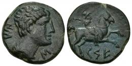 HISPANIA ANTIGUA. KESE. Unidad. A/ Cabeza masculina con cuello vestido a der., delante signo ibérico S, detrás IL. R/ Jinete con palma a der., debajo KeSE. AE 9,2 g. 24,2 mm. I-2295. ACIP-1210. Pátina verde oscuro. EBC-/MBC+. Muy rara.