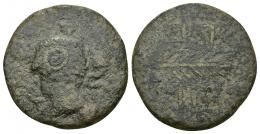 HISPANIA ANTIGUA. ARSA. Unidad. A/ Cabeza masculina a izq., alrededor (A).R(SA). R/ Palma, ley. libio-fenicia poco visible. AE 9,48 g. 26,6 mm. I-131. ACIP-910. Superficies rugosas. BC. Muy rara. Ex subasta Áureo, 22-10-1997, lote 224 (colección Tartessos).