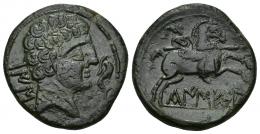 HISPANIA ANTIGUA. KAISESA. Unidad. A/ Cabeza masculina a der., delante delfín, detrás BaIS. R/ Jinete lancero a der.; debajo, sobre línea, KaISESA. AE 11,87 g. 25,8 mm. Pequeñas erosiones. Pátina oscura. MBC+. Muy rara. Ex subasta Jesús Vico 143 (2015), lote 110.