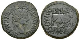 HISPANIA ANTIGUA. CALAGURRIS. Tiberio. As. A/ Cabeza laureada a der.; TI AVGVS DIVI F IMP CAESAR. R/ Toro a der., detrás M C I, delante II/VIR, encima L FVL SPARSO, debajo L SATVRNINO. AE 13,42 g. 28,2 mm. I-429. APRH-448d. ACIP-3128c. Raya en anv. Pátina verde. MBC/EBC-.