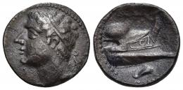 HISPANIA ANTIGUA. EMISIONES HISPANO-CARTAGINESAS. Shekel. A/ Cabeza masculina diademada a izq. R/ Proa a der., debajo delfín. AR 7,75 g. 20,3 mm. I-842. ACIP-543. Pátina plomiza. MBC+/MBC. Muy rara.