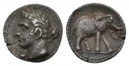 HISPANIA ANTIGUA. EMISIONES HISPANO-CARTAGINESAS. 1/4 shekel. A/ Cabeza masculina laureada y con clava a izq. R/ Elefante avanzando a der. AR 1,67 g. 13,2 mm. I-487. ACIP-555. Cospel abierto. Pátina plomiza. MBC+.