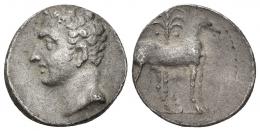 HISPANIA ANTIGUA. EMISIONES HISPANO-CARTAGINESAS. Shekel. A/ Cabeza masculina a izq. R/ Caballo parado a der. delante de palmera. AR 7,36 g. 20,4 mm. I-535. ACIP-603. Pátina gris. MBC+/MBC.