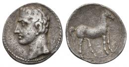 HISPANIA ANTIGUA. EMISIONES HISPANO-CARTAGINESAS. 1/2 shekel. A/ Cabeza masculina a izq. R/ Caballo parado a der. AR 3,6 g. 16,4 mm. I-542. ACIP-604. Pátina gris. MBC.
