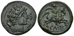 HISPANIA ANTIGUA. KELSE. Unidad. A/ Cabeza masculina laureada y con cuello vestido a der., alrededor tres delfines. R/ Jinete con palma a der., debajo sobre línea KeLSE. Ae 14,14 G. 29,3 mm. I-776. ACIP-1479. Pátina verde oscura. EBC. Rara.