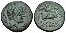 HISPANIA ANTIGUA. KELSE. Unidad. A/ Cabeza masculina con cuello vestido a der., alrededor tres delfines. R/ Jinete con palma a der., debajo sobre línea KeLSE. AE 16,99 g. 31,2 mm. I-771. ACIP-1483. Bonita pátina verde. MBC.