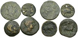 HISPANIA ANTIGUA. Lote de 4 monedas: 1 as de Augusto de Celsa, 1 semis de Kelse, 1 as de Kese y un as de Titum., uno de ellos con agujero. BC/MBC-.