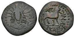 HISPANIA ANTIGUA. CELSA. Semis. A/ Busto radiado y drapeado; a der. C V I (L). R/ Cordeo a der.; L CAL SEX NIG, encima AED. AE 5,21 g. 18,9 mm. I-802. APRH-266. ACIP-1498. BC+. Rara. Ex Áureo 116 (2000), lote 64.