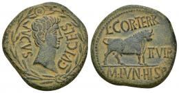 HISPANIA ANTIGUA. CELSA. Augusto. As. A/ Cabeza a der.; C V I CELS AVGVS, alrededor láurea. R/ Toro a der., encima L COR TERR, delante II VIR, en exergo M IVN HHISP. AE 14,70 g. 27,9 mm. I-806. APRH-270b. ACIP-3161a. Pátina verde. MBC+. Muy escasa. 