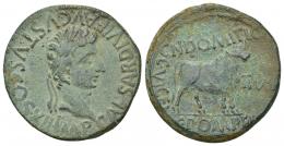 HISPANIA ANTIGUA. CELSA. As. Augusto. A/ Cabeza laureada a der.; IMP CAESAR DIVI F AVGVSTVS COS XII. R/ Toro a der.; CN DOMITIO/ C POMPEIO-C V I CEL-II VIR. AE 12,12 g. 28,6 mm. I-813. APRH-278f. ACIP-3169e. Pátina verde claro. MBC/MBC-.
