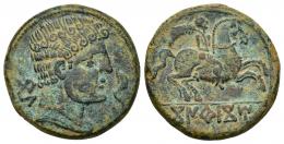 HISPANIA ANTIGUA. KONTERBIA BELASIKA. Unidad. A/ Cabeza masculina con collar a der., delante delfín, detrás BeL. R/ Jinete con palma a der., en exergo KoNTeBaKoM. AE 9,96 g. 24,9 mm. I-861. ACIP-1594. Pátina verde irregular. EBC-. Escasa.