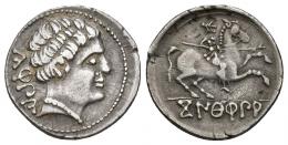 HISPANIA ANTIGUA. KONTERBIA KARBIKA. Denario. A/ Cabeza masculina con collar a der., detrás KaRBiKa. R/ Jinete lancero a der., en exergo KoNTeRBiA. AR 4,08 g. 19,2 mm. I-845. ACIP-1827. MBC.