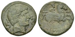 HISPANIA ANTIGUA. TAMUSIA. Unidad. A/ Cabeza masculina a der., delante y detrás delfín. R/ Jinete lancero a der., debajo bajo línea TAMUSIA. AE 9,5 g. 23,7 mm. I-894. ACIP-1618. Pátina verde. MBC.