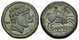 HISPANIA ANTIGUA. EKUALAKOS. Unidad. A/ Cabeza masculina con collar a der., delante delfín, detrás E. R/ Jinete lancero a der., debajo sobre línea EKuALAKoS. AE 12,28 g. 25,1 mm. I-969. ACIP-1847. Pátina verde oscuro. MBC/MBC+. Escasa.