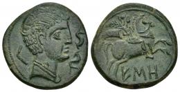 HISPANIA ANTIGUA. ESO. Unidad. A/ Cabeza masculina con torques a der., delante dos delfines, detrás Ke. R/ Jinete con palma y clámide a der., debajo sobre línea ESO. AE 9,13 g. 25,6 mm. I-1292. ACIP-1290. Pátina verde. EBC.