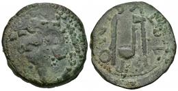 HISPANIA ANTIGUA. GADES. Sestercio. Augusto. A/ Cabeza de Melkart a izq. con leonté y clava. R/ Instrumentos sacerdotales; PONT BALBVS. AE 35,86 g. 37.5 mm. RPC-85. APRH-85b. ACIP-3315a. CC-4115, mismo ejemplar. Concreciones. BC+/MBC. Escasa. Ex colección Cores.