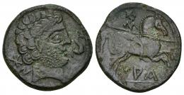 HISPANIA ANTIGUA. IAKA. Unidad. A/ Cabeza masculina con collar a der., delante delfín, detrás signos ibéricos BoN. R/ Jinete lancero a der., debajo sobre línea IAKa. AE 7,19 g. 24,8 mm. I-1394. ACIP-1438. Pequeñas erosiones. MBC. Rara.