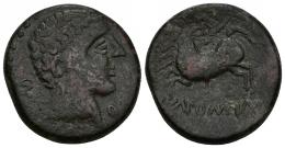 HISPANIA ANTIGUA. IKALKUSKEN. As. A/ Cabeza masculina a der., detrás CNF, delante Q. R/ Jinete con rodela y lanza a izq., IKaLKuNSKeN. AE 17,8 g. 26,6 mm. I-1418 vte. AIP-2098. MBC-/BC+. Rarísima. Ex Áureo, 4-3-1998, lote 1466.