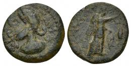 HISPANIA ANTIGUA. ILBERIR. As. A/ Cabeza con casco a izq., alrededor ley. ibérica ILBeRIR, poco legible. R/ Victoria a der, delante punta de lanza. AE 5,15 g. 18,6 mm. I-1508. ACIP-2291. Pátina oscura. MBC-/BC+. Muy rara. 